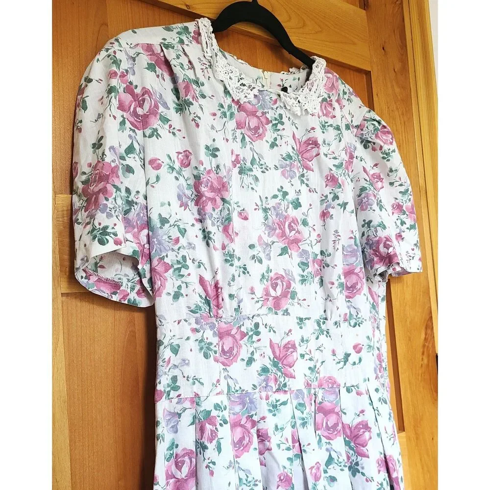 Vintage Stuart‎ Allan Sz 16 Floral Cottagecore Dress Lace Trim Elastic Waistband